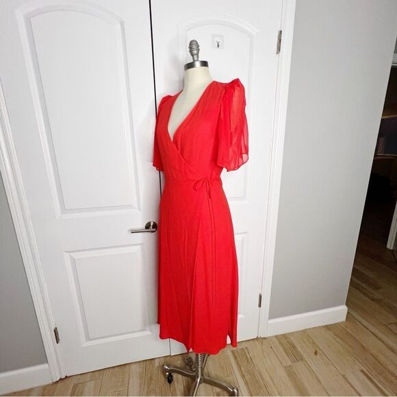 Alice + Olivia Suri True Wrap Midi Dress Red Size 2 Sheer Sleeves - Picture 6 of 14